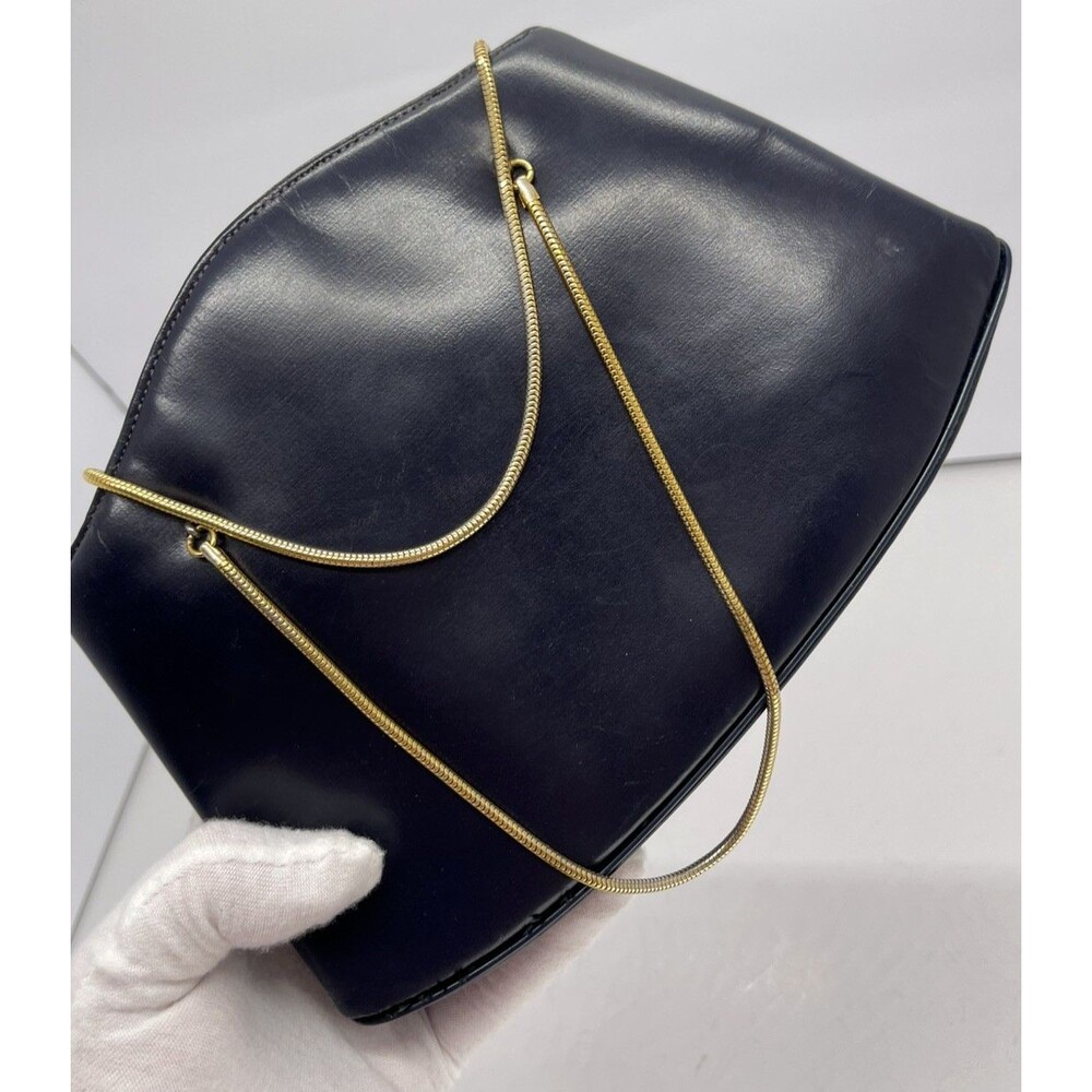Vintage Dofan Navy Blue Leather  Frame Handbag w chain Ball on clasp SEE DETAILS